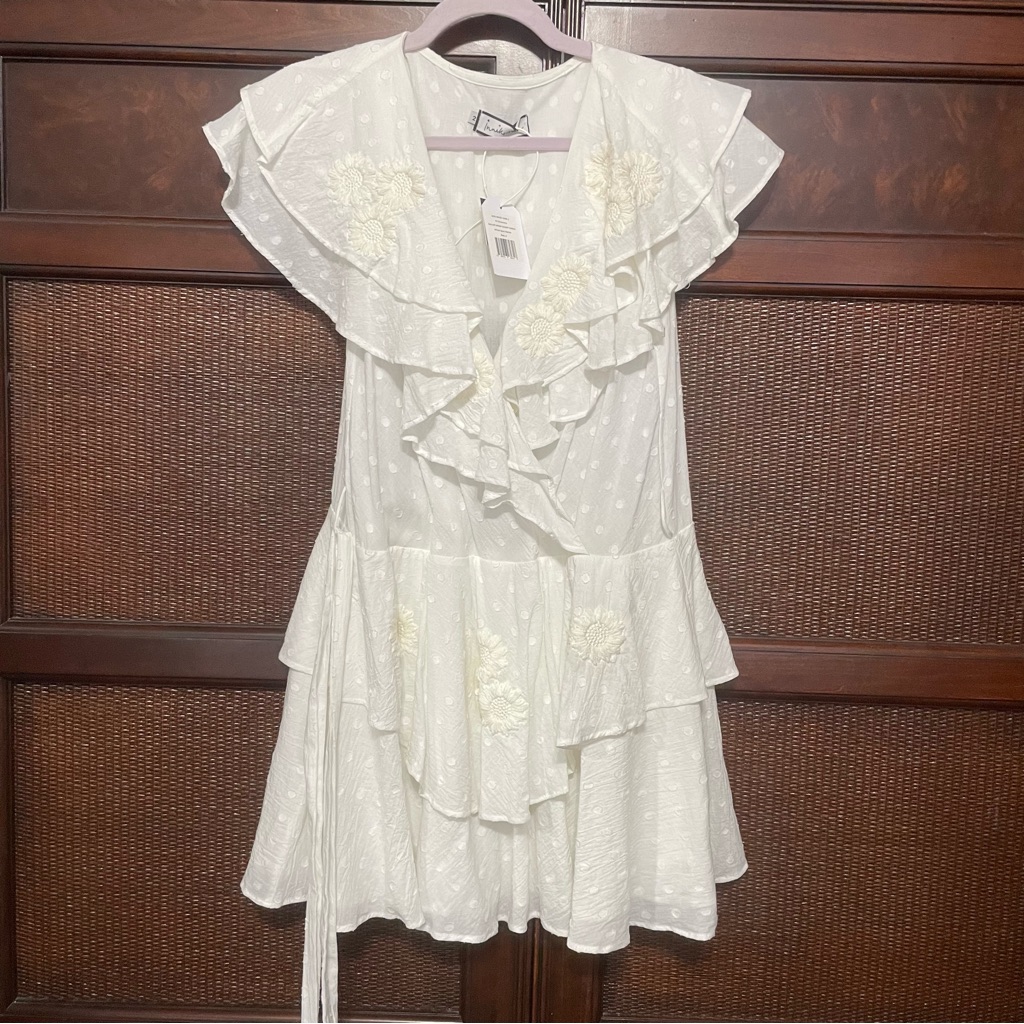 Innika Choo White Sailor Wrap Cotton Embroidered Ruffle Mini Dress Size 2/M — image 4 of 8